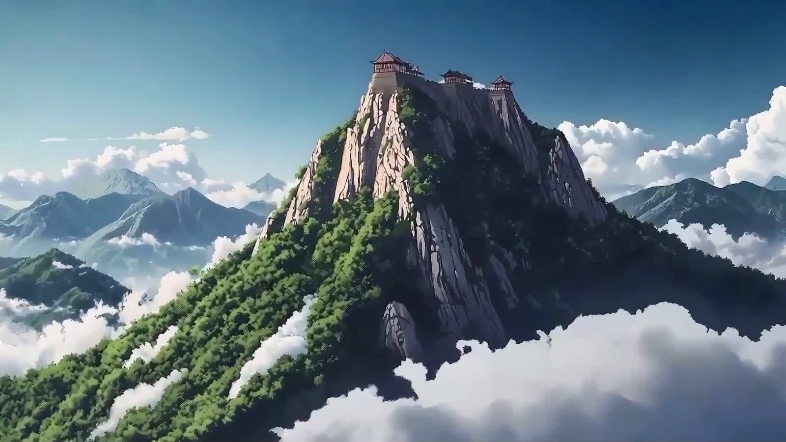春晓动画中的云海、山峰与山顶建筑