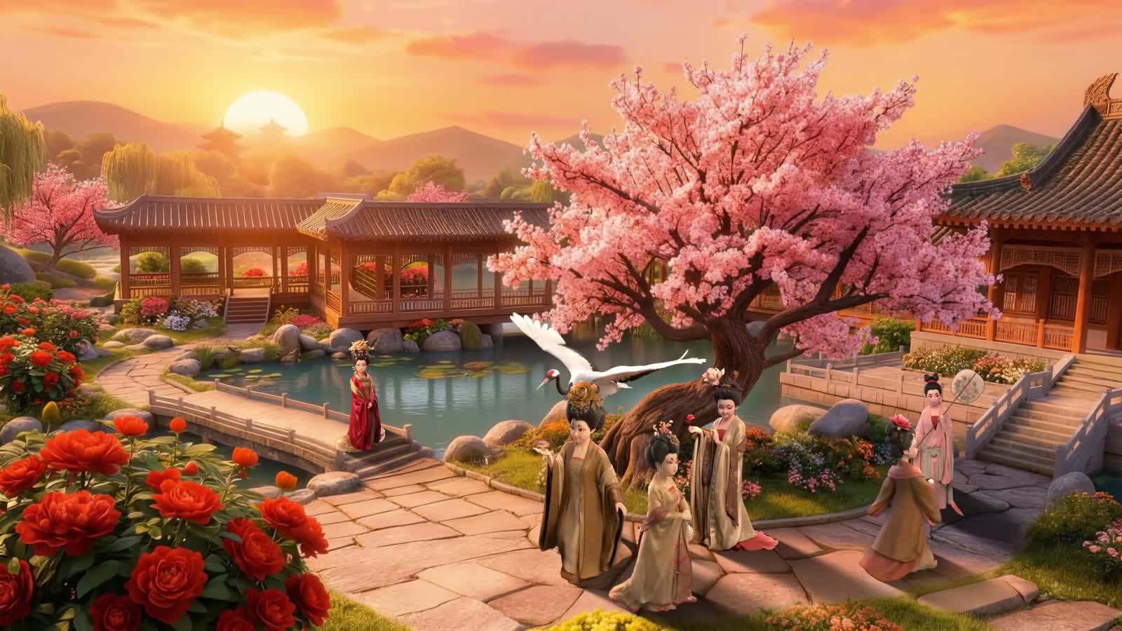 栏目片头中的园林、花树与人物